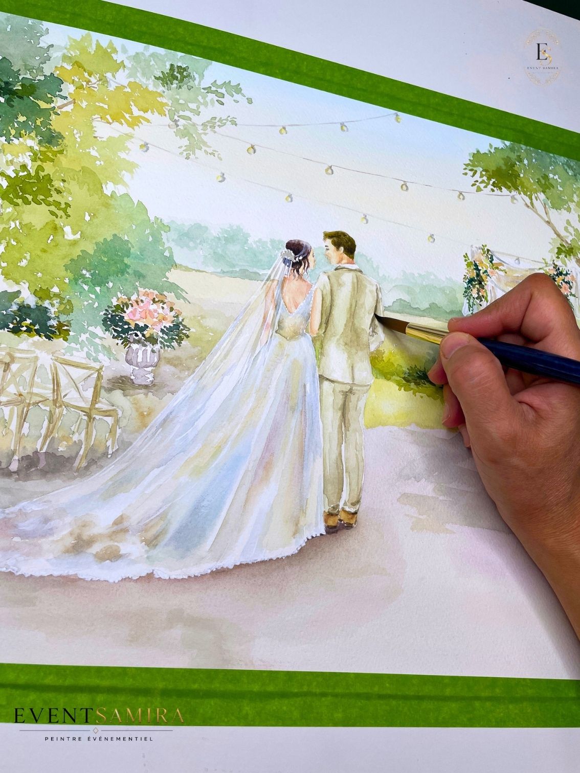 Portrait aquarellé réalisé pendant un mariage